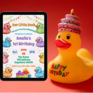 Invitación Pato pequeño, Pato de goma colorido, 1er cumpleaño