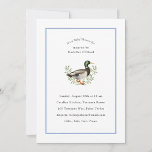 Invitación Pato Silvestre Azul y Blanco Fiesta de Bebé Vintag