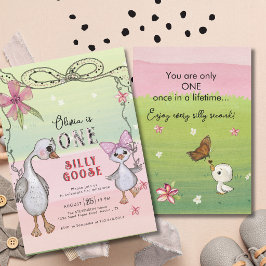Invitación Pato Tonto Cumpleaños 1 Lazo Rosa Coqueta Verde
