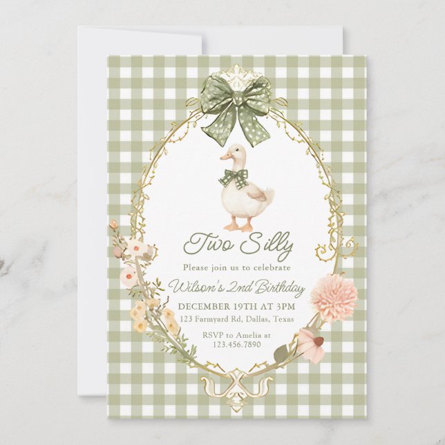 Invitación Pato tonto de gingham verde cumpleaños 2 (Anverso)