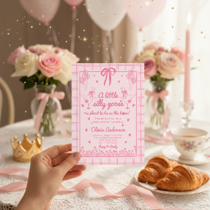 Invitación Pato Tonto Dibujado Listón de Cuadros Rosa Baby Sh