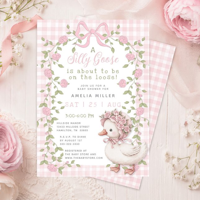 Invitación Pato Tonto Suelto Fiesta de Bebé de Cuadros Rosas (Silly Goose On the Loose Pink Gingham Baby Shower Invitation)