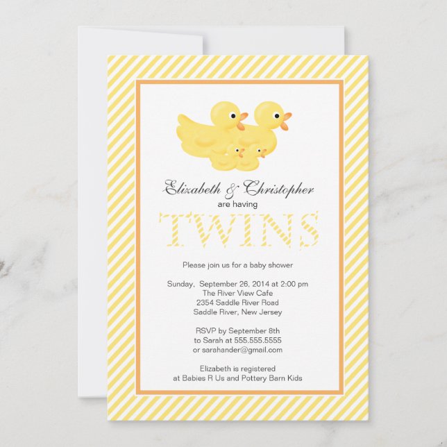 Invitación Patos amarillos modernos y gemelos Baby Shower (Anverso)