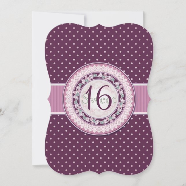 Invitación Patos de polka púrpura, flores, encaje Sweet 16 (Anverso)