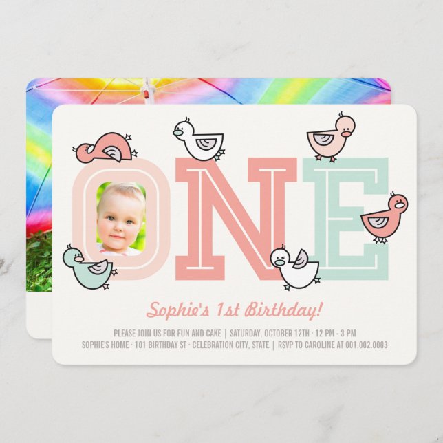 Invitación Patos Rosados Gran Chica Primer Fiesta de cumpleañ (Anverso / Reverso)