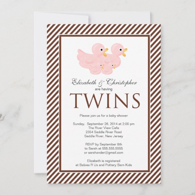 Invitación Patos rosas modernos, gemelos Baby Shower (Anverso)