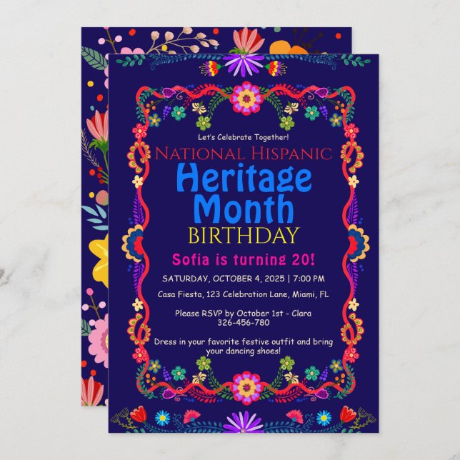 Invitación Patrimonio hispano Nacimiento Flor colorida (Anverso / Reverso)