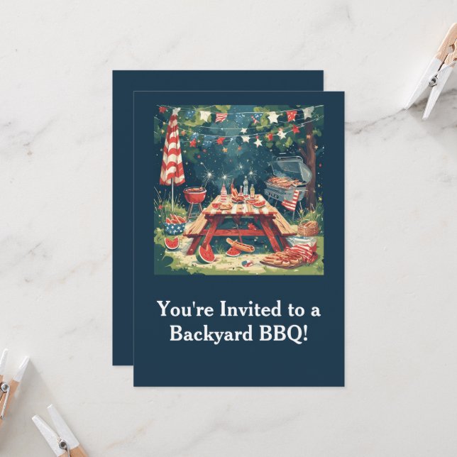 Invitación Patriotic Backyard BBQ Scene – 4th of July Cookout (Anverso/Reverso In Situ)