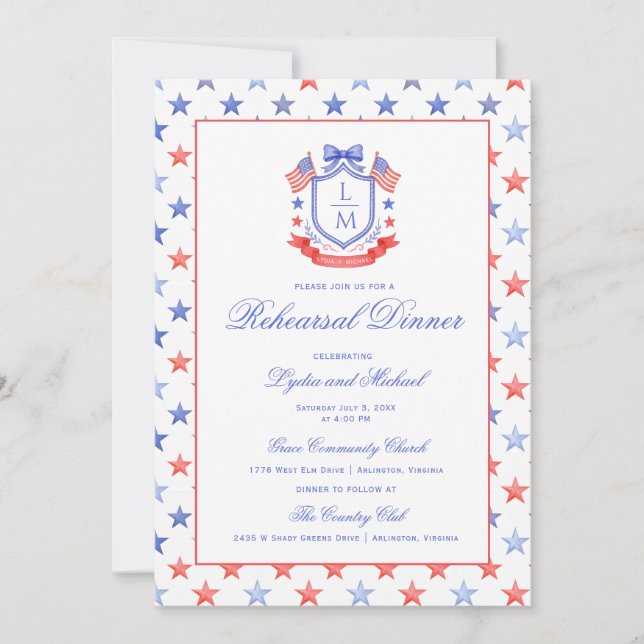 Invitación Patriotic Crest w/ US Flags | Rehearsal Dinner (Anverso)