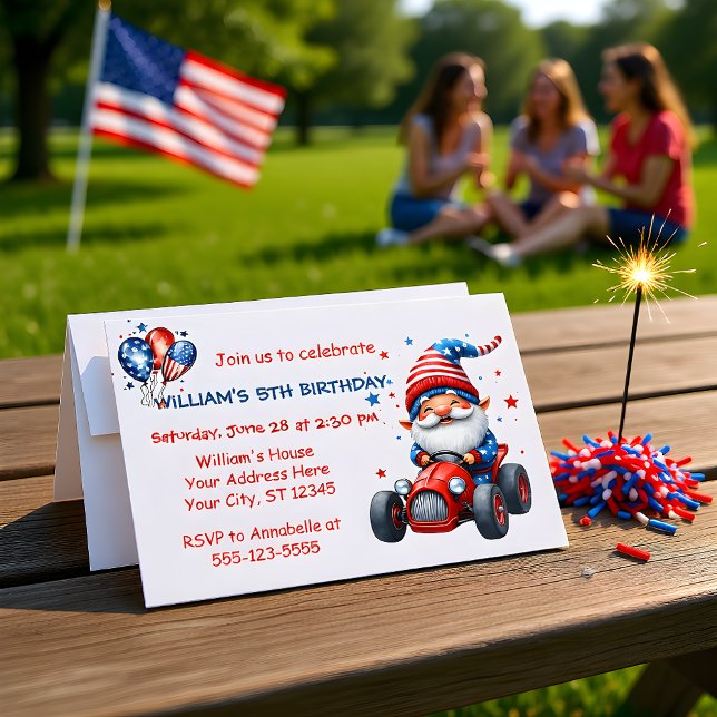 Invitación Patriotic Gnome Red Car 5th Birthday Invitation (Subido por el creador)