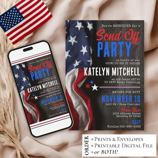 Invitación Patriotic Rustic US Flag Military Send-Off Party (Printable patriotic US flag military send-off going away farewell party invitation digital download)
