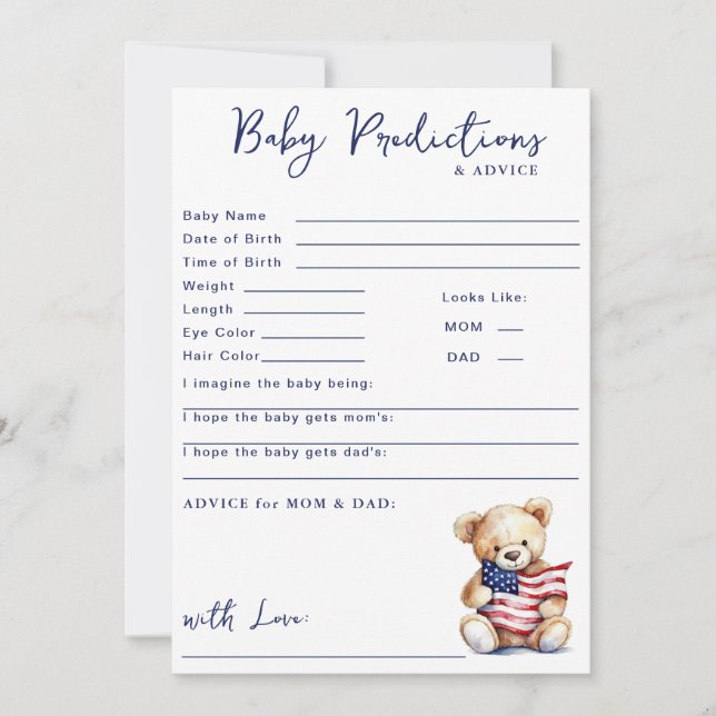 Invitación Patriotic Teddy Bear Red Blue Baby Predictions (Anverso)