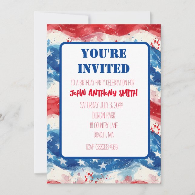 Invitación patriótica Cumpleaños BBQ 4 de julio (Anverso)