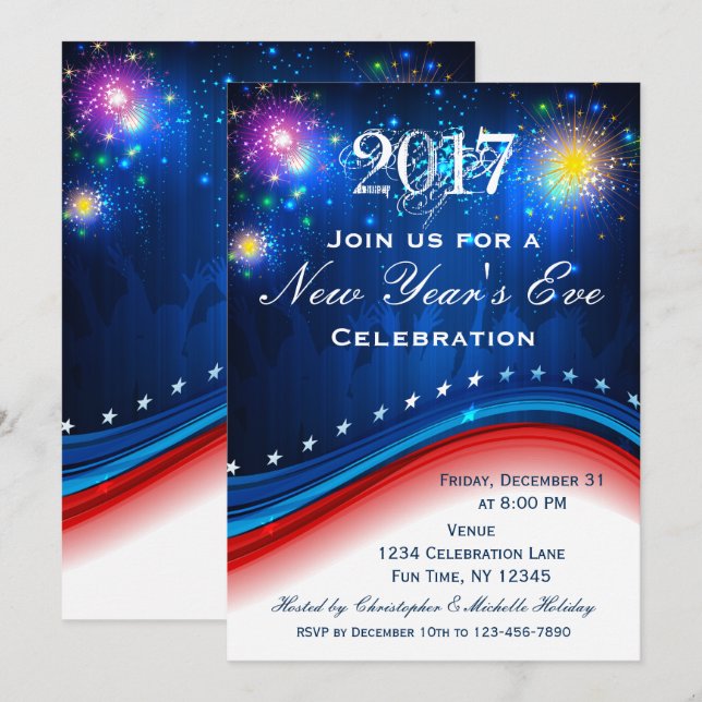 Invitación patriótica de la Nochevieja roja azul b (Anverso / Reverso)