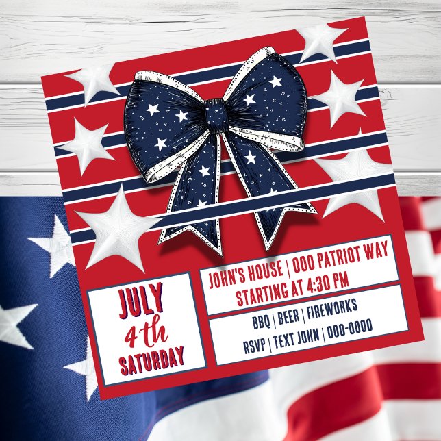 Invitación Patriótica del Cuatro de Julio Rojo Bla (Happy Fourth of July party invitation with coquette bow and stars and stripes. )