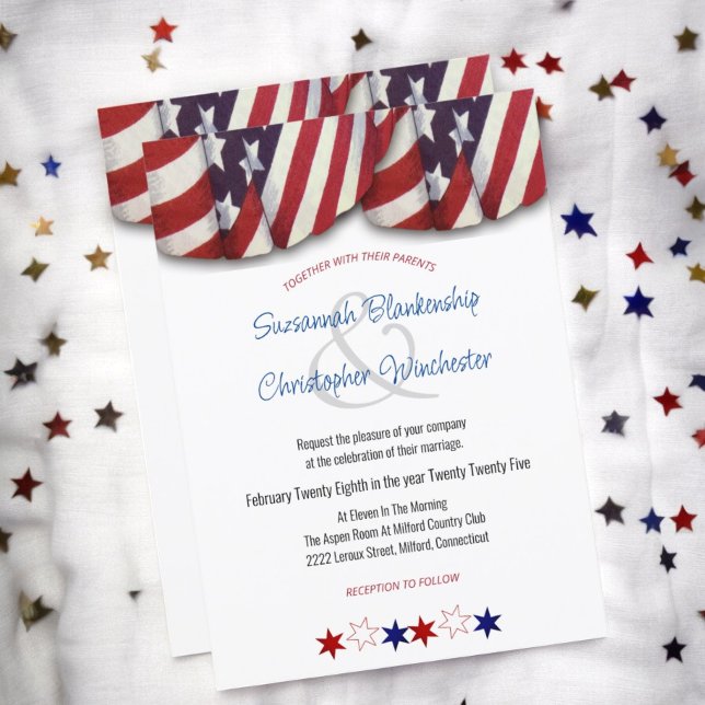 Invitación Patriótica Rojo Blanco Azul con Estrell (front and back view of wedding invitation)