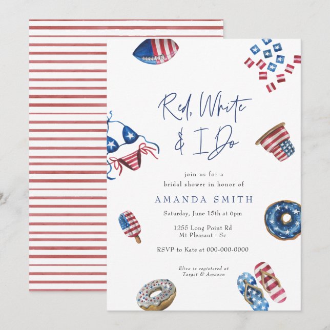 Invitación Patriótico 4 de julio Blanco Rojo y yo hacemos duc (Anverso / Reverso)