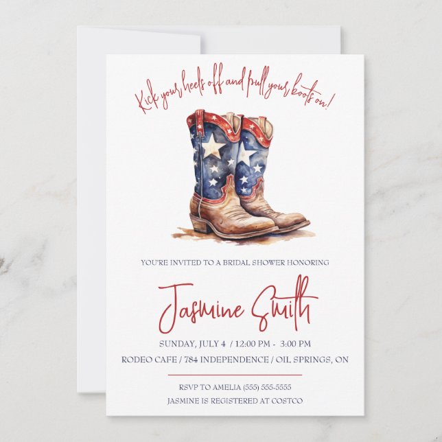 Invitación Patriótico 4 de julio, Cowgirl Boots Bridal Shower (Anverso)