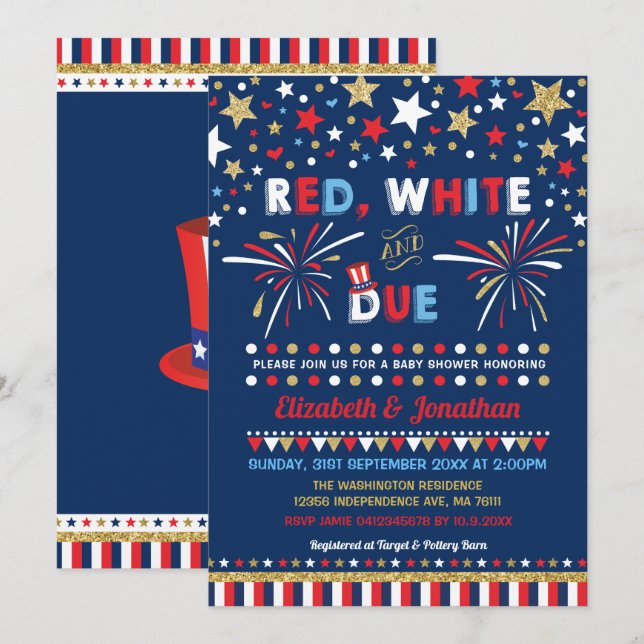 Invitación Patriótico 4 de julio de 2014: blanco rojo de Baby (Anverso / Reverso)