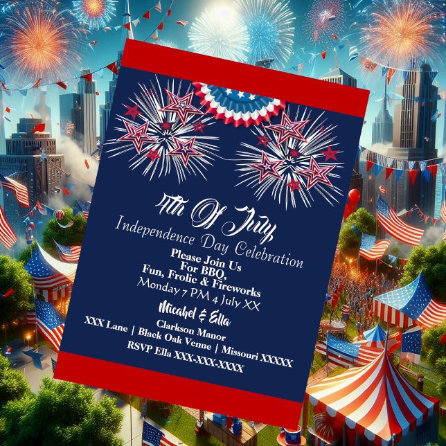 Invitación Patriótico de los Estados Unidos 4 de julio Firecr (US Patriotic 4th July Firecracker BBQ Party Blue Invitation)