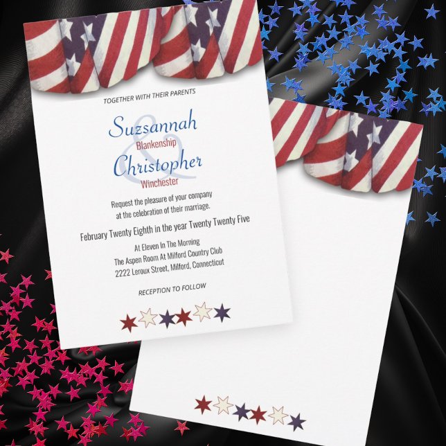 Invitación Patriótico Rojo Azul Blanco Azul Bungalows Top Sta (front and back view of patriotic wedding invitation)