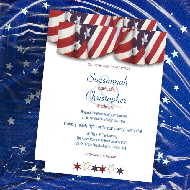 Invitación Patriótico Rojo Azul Blanco Azul Bungalows Top Sta (front & back of red, white, and blue bunting wedding invitation template)