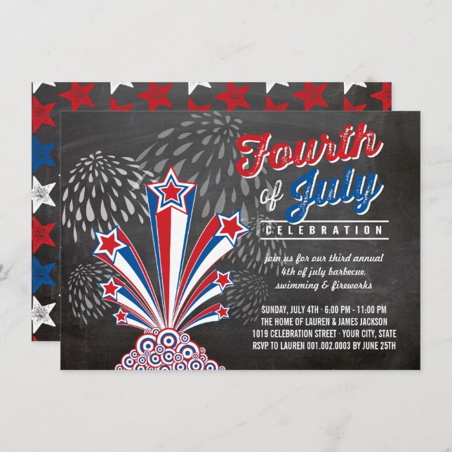 Invitación Patriotismo de fuegos artificiales 4 de julio Fies (Anverso / Reverso)