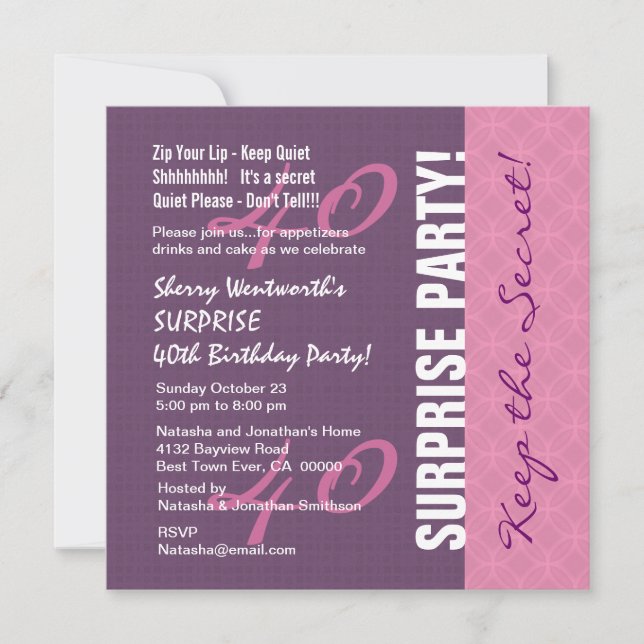Invitación Patrón 40 SORPRESA de cumpleaños morado y rosa (Anverso)