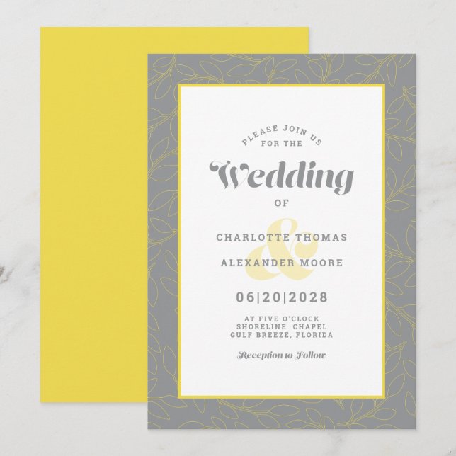 Invitación Patrón abstracto moderno de hojas en gris y amaril (Anverso / Reverso)