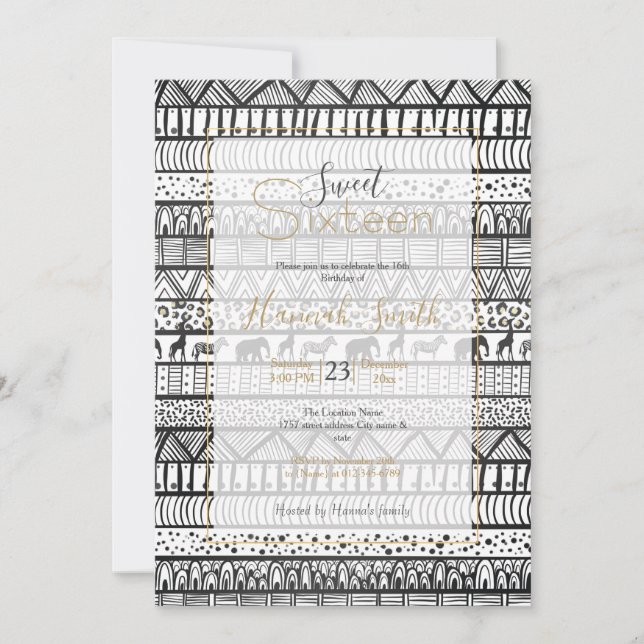 Invitación Patrón africano tribal blanco negro (Anverso)