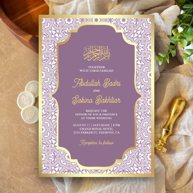 Invitación Patrón árabe de boda musulmana Lavanda Oro (Subido por el creador)