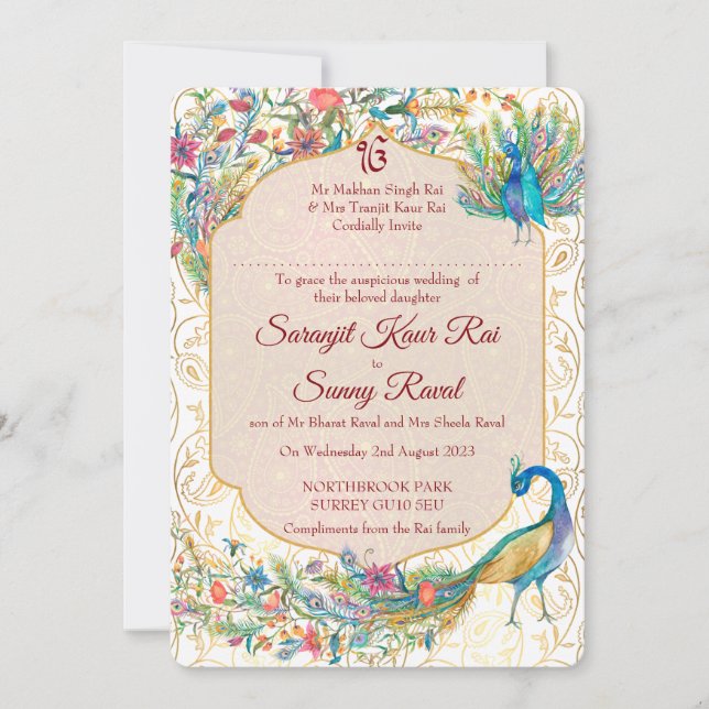 Invitación Patrón árabe-pavo real boda indio para novia (Anverso)