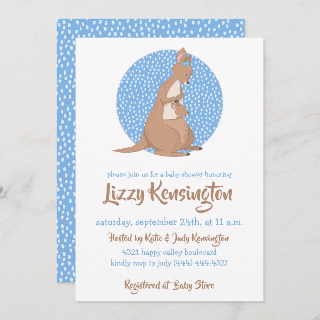 Invitación Patrón azul de Baby Shower canguro (Anverso / Reverso)