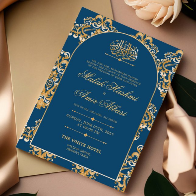 Invitación Patrón azul elegante Boda musulmán islámico de oro (Subido por el creador)