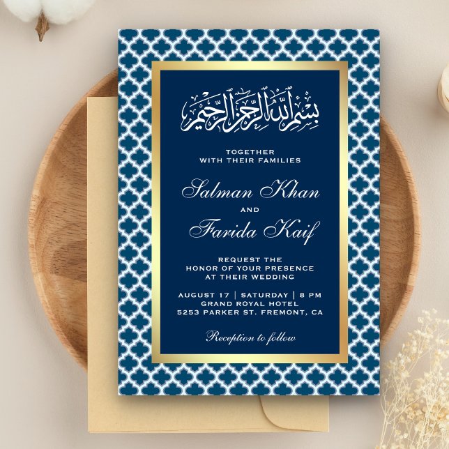 Invitación Patrón azul marroquí de quatrefoil Boda islámico (Subido por el creador)