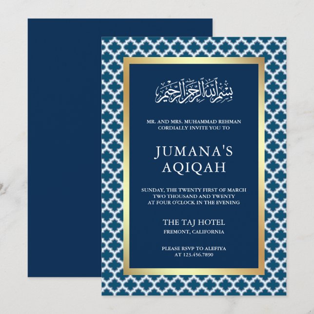 Invitación Patrón azul marroquí de quatrefol Aqiqah islámico (Anverso / Reverso)