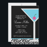 Invitación Patrón azul Martini y cebra<br><div class="desc">Comience su bash de cumpleaños con estilo enviando estas invitaciones de fiesta de moda con un martini azul en un fondo de cebra.</div>