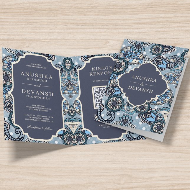 Invitación Patrón azul Paisley Código QR Boda indio (Subido por el creador)