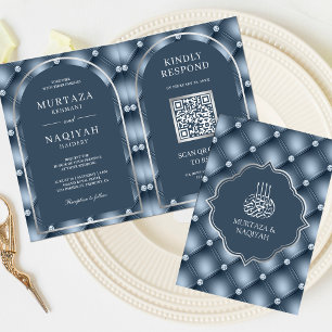 Invitación Patrón azul turbio, código QR, Boda musulmán
