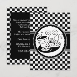 Invitación Patrón blanco-negro de Pizza-Fiesta controlado