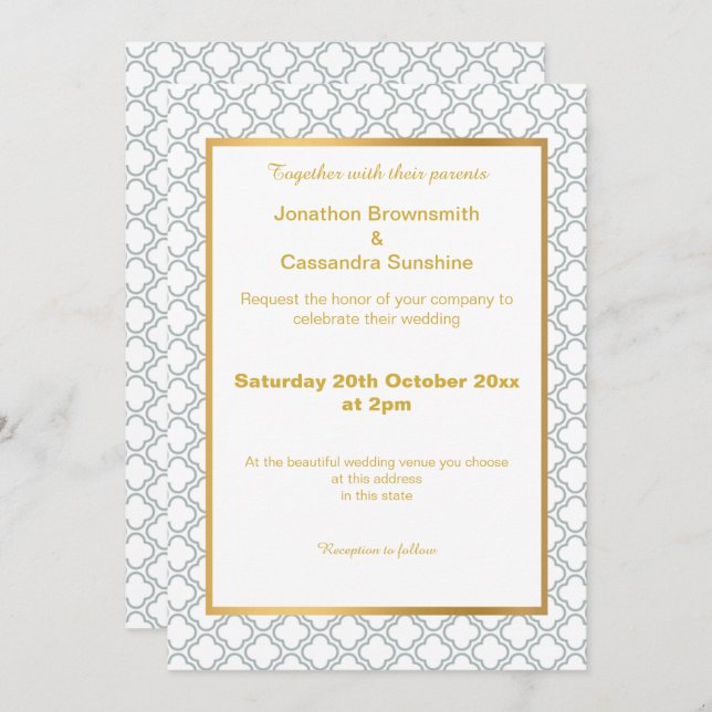 INVITACIÓN PATRÓN BLANCO SIMPLE Y ELEGANTE DE ORO AQUA (Anverso / Reverso)