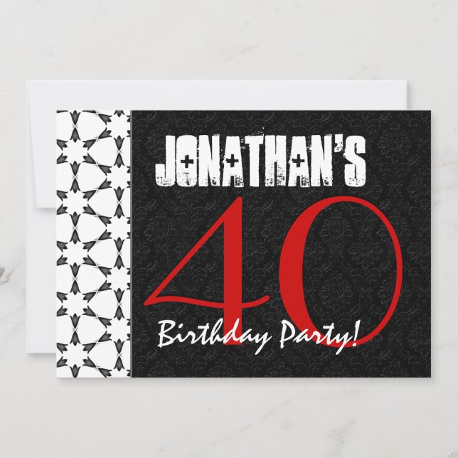 Invitación Patrón blanco y negro rojo Fiesta de cumpleaños nú (Anverso)