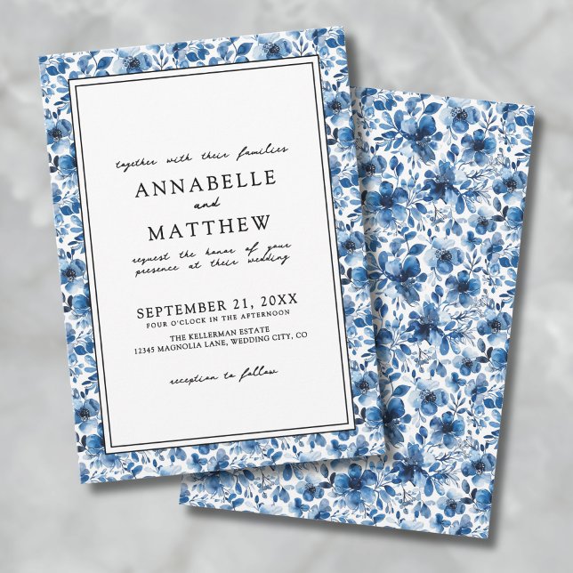 Invitación Patrón Botánico Azul Elegante Boda Floral (Blue Botanical Pattern Elegant Floral Wedding Invitation)