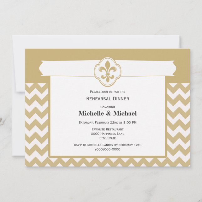 Invitación Patrón Chevron Fleur de Lis Evento Dorado Blanco (Anverso)