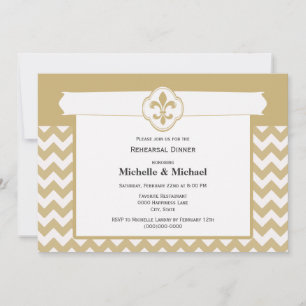 Invitación Patrón Chevron Fleur de Lis Evento Dorado Blanco