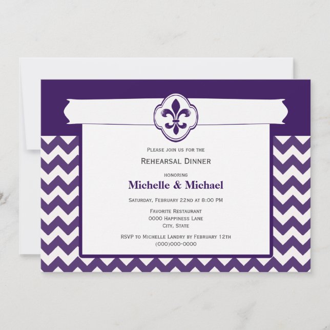 Invitación Patrón Chevron Fleur de Lis Evento Púrpura Blanco (Anverso)