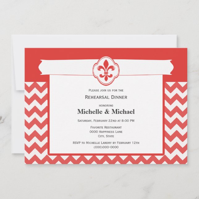 Invitación Patrón Chevron Fleur de Lis Evento Rojo y Blanco (Anverso)