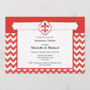 Invitación Patrón Chevron Fleur de Lis Evento Rojo y Blanco