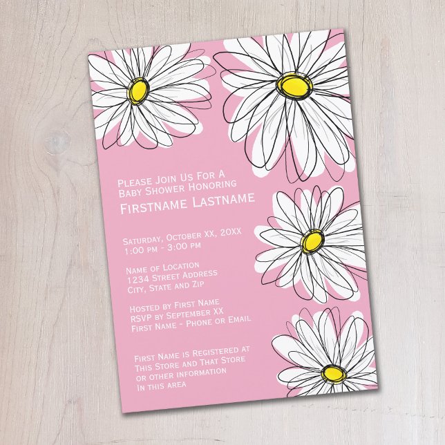 Invitación Patrón Chevron moderno y ducha de bebé margarita (Whimsical Daisy Baby Shower Invitation - Pastel Pink)