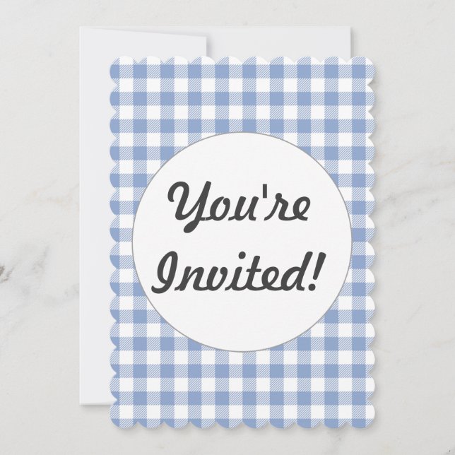 Invitación Patrón clásico de Gingham azul comprobado (Anverso)
